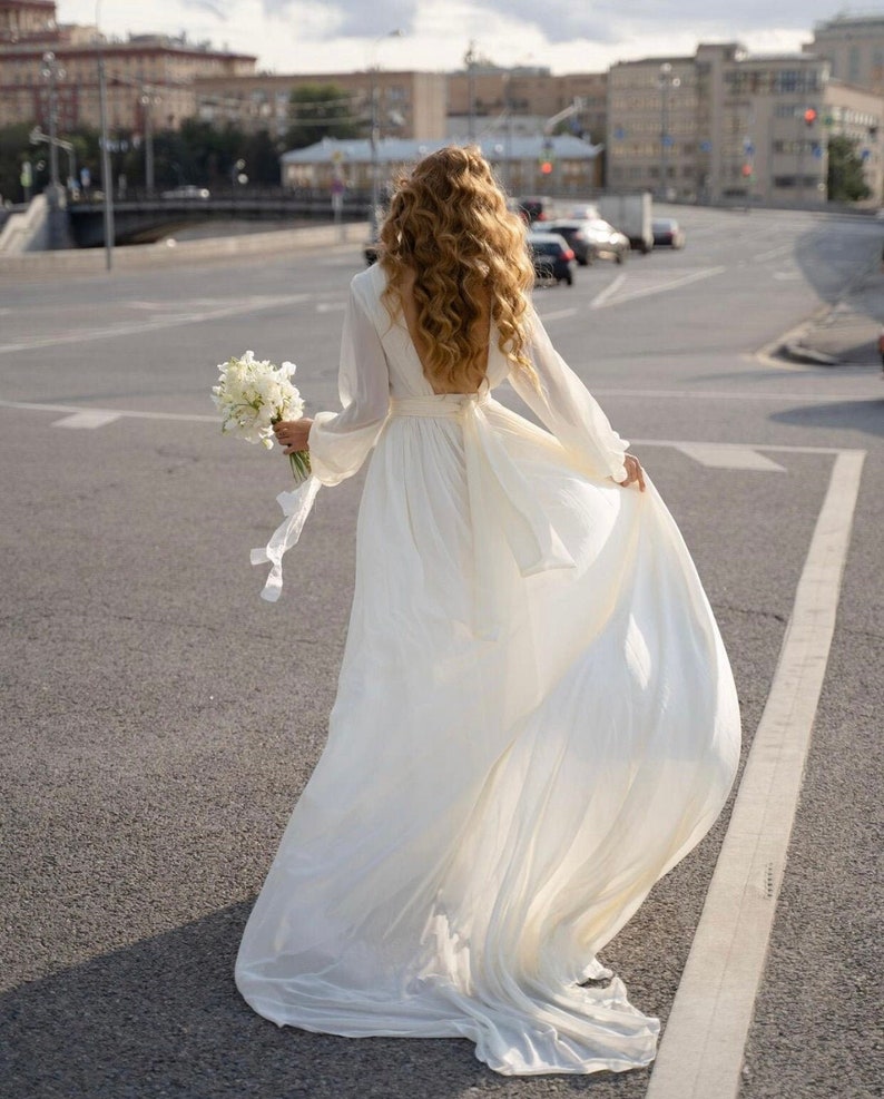 Modest Wedding Dress Long Sleeves Bridal Gown Open Back Wedding Dress Long Train Wedding Dress Simple Wedding Dress Airy Dress image 1