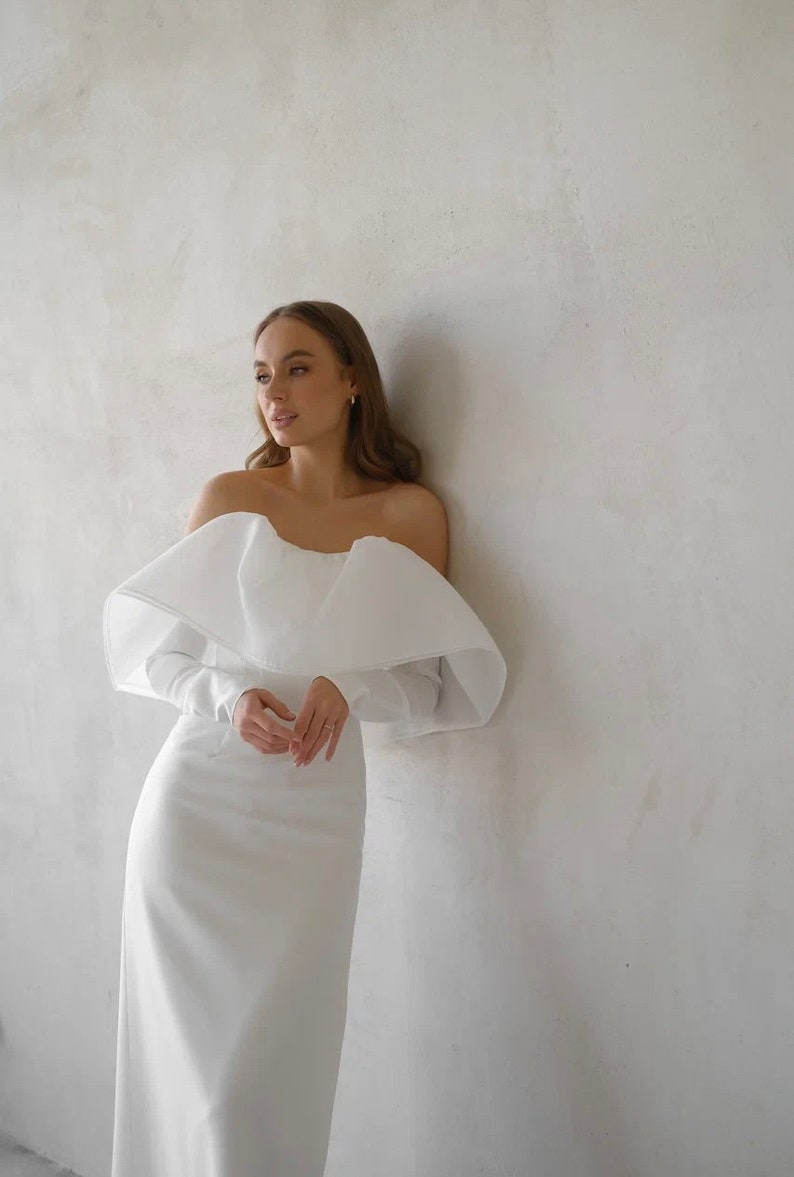 Off The Shoulder Wedding Dress With Detachable Sleeves Wedding Dress With A Slit Floor Length Wedding Dress Maxi Dress image 1