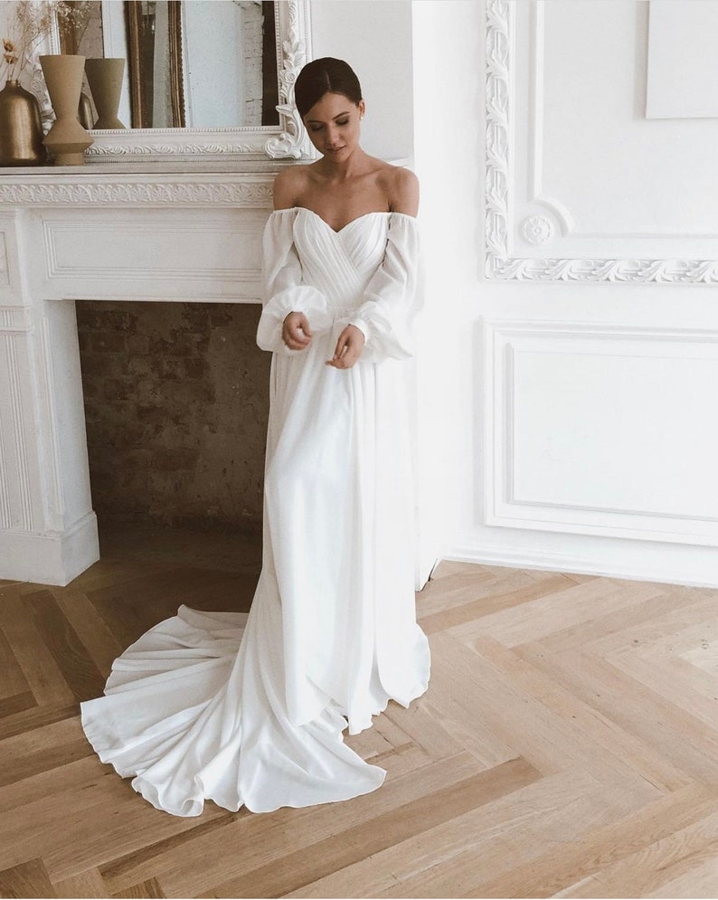 Off Shoulder Wedding Dress Chiffon Bridal Gown With Long image 1