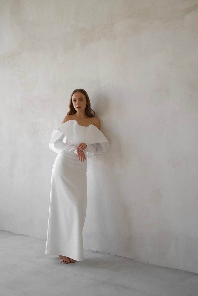 Off The Shoulder Wedding Dress With Detachable Sleeves Wedding Dress With A Slit Floor Length Wedding Dress Maxi Dress image 7