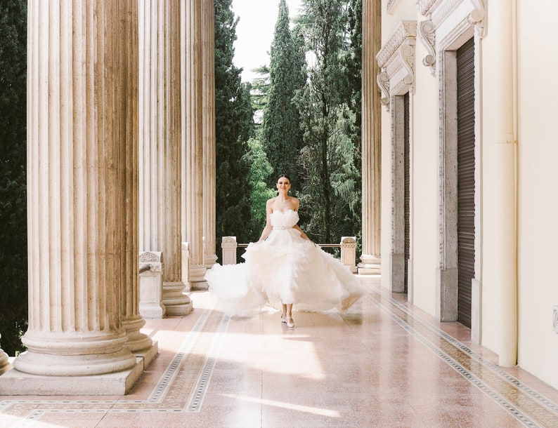 Long Train Wedding Dress Off-The-Shoulder wedding dress Layered Wedding Dress Corset Wedding Dress Princess Gown Tulle Dress image 7