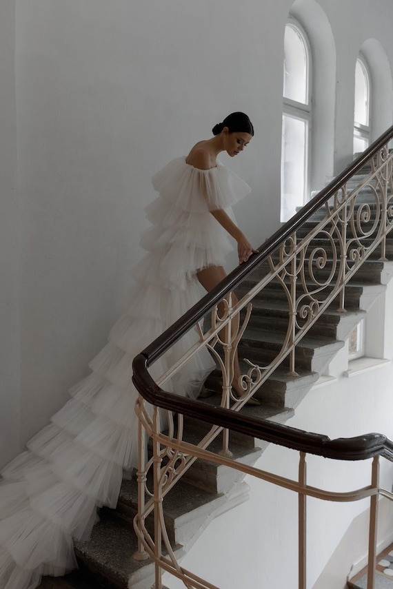 off shoulder high low wedding dress White Organza Off Shoulder Slit A-line Wedding Dress, Black