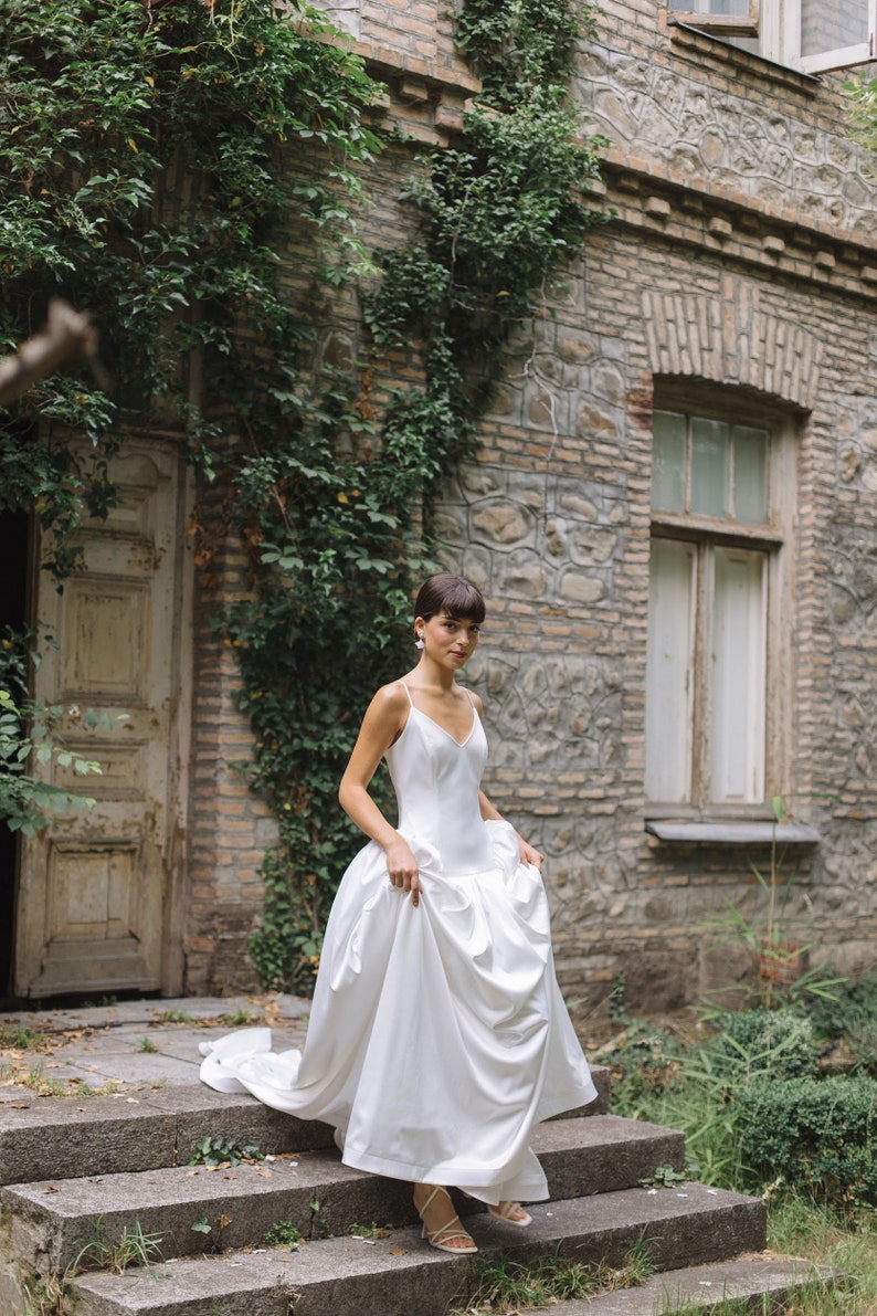 Ethereal Elegance Bohemian Wedding Dress with Flowing Maxi Skirt, Thin Straps in unique style, beautiful flare, and Deep Neckline image 6