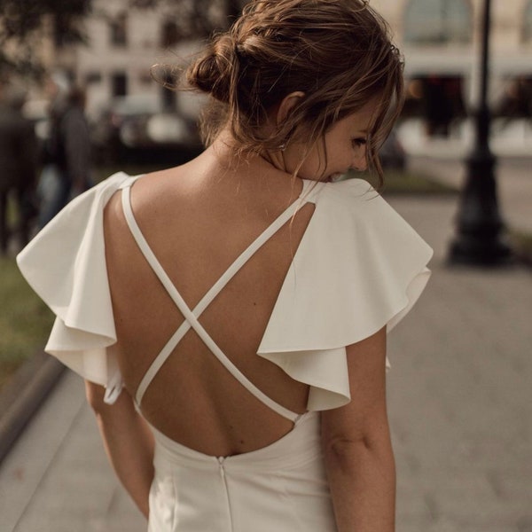 Midi Wedding Dress | Open Back Bridal Gown | Ankle Length Wedding Dress | Boat Neckline Dress | Short Flutter Sleeves | Ivory Wedding Dress