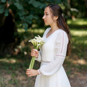 Long Sleeves Bridal Gown | Long Train Wedding Dress | Chiffon Wedding Dress | Modest Wedding Dress | Church Wedding Dress | Lace Cuffs Dress