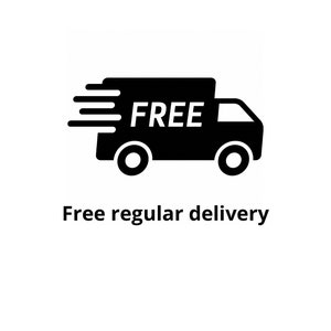 May include: Black and white illustration of a delivery truck with the word "FREE" on the side. The truck is moving quickly, indicated by three lines behind it. The text "Free regular delivery" is below the truck.