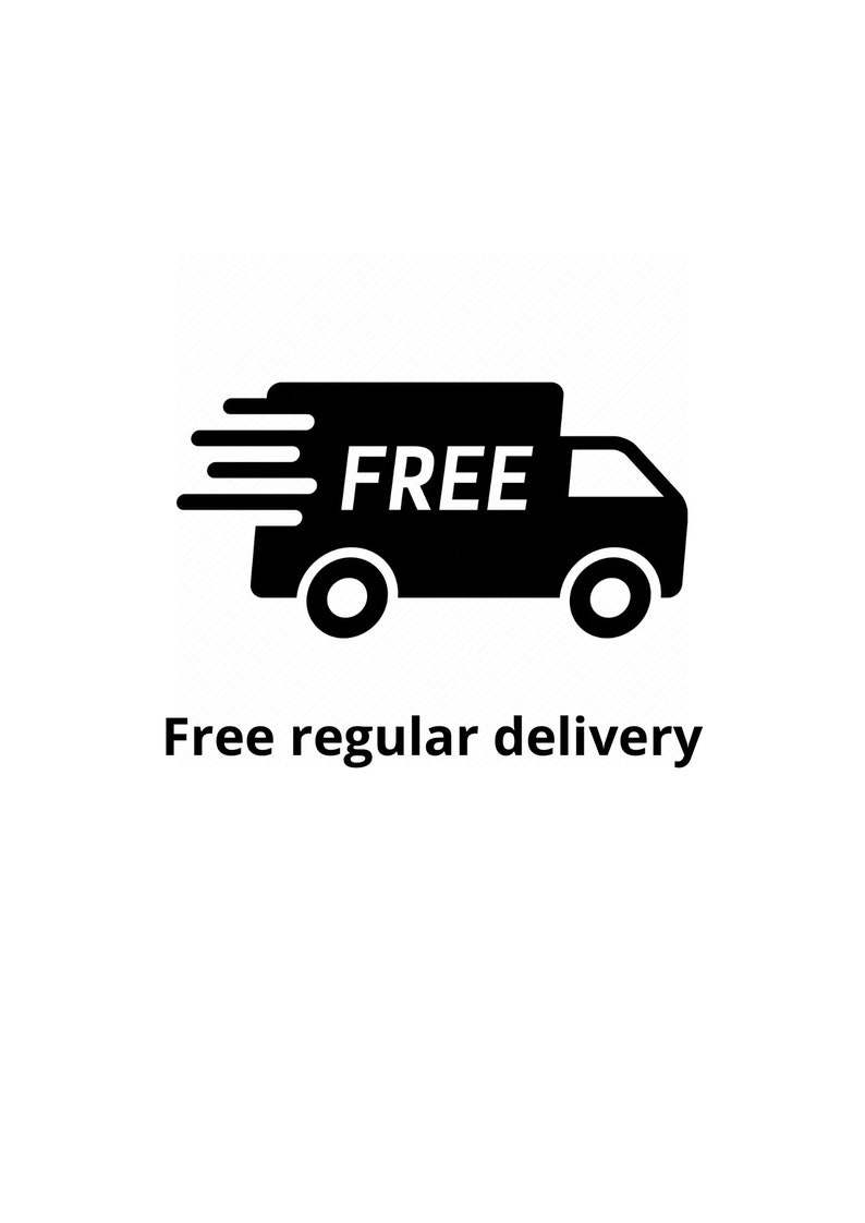 May include: Black and white illustration of a delivery truck with the word "FREE" on the side. The truck is moving quickly, indicated by three lines behind it. The text "Free regular delivery" is below the truck.