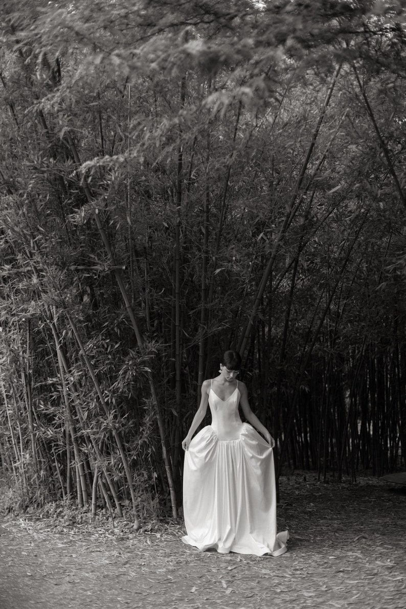 Ethereal Elegance Bohemian Wedding Dress with Flowing Maxi Skirt, Thin Straps in unique style, beautiful flare, and Deep Neckline image 8