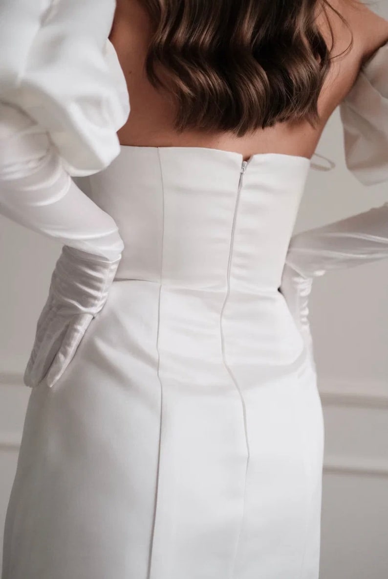 Stylish Mini Dress With Gloves Puff Sleeves Satin Bridal Etsy