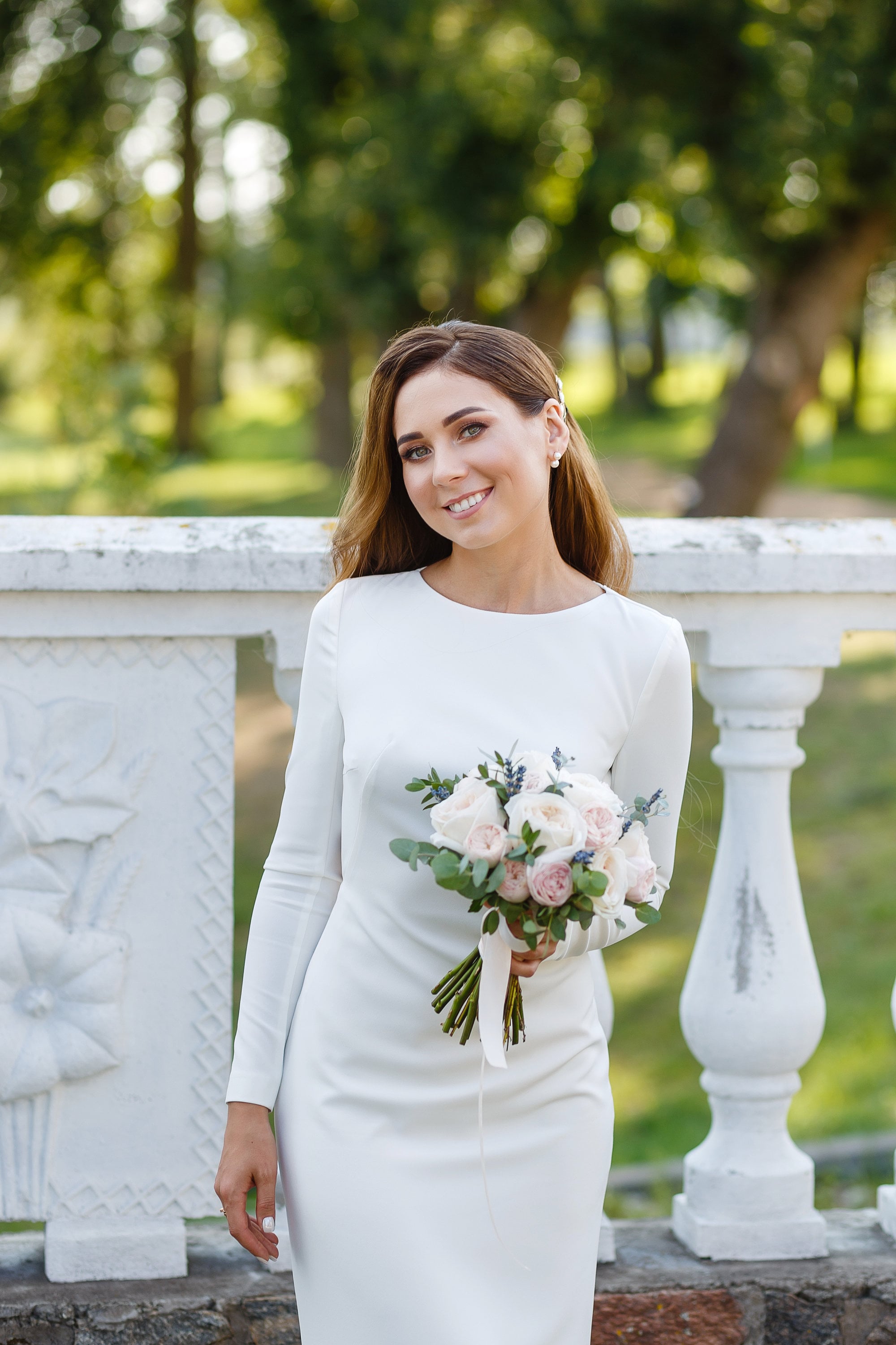 Long Sleeve Crepe Wedding Dress | Open Back Mermaid Dress | Modern and Minimalist Bridal Gown | Elegant Off-White Wedding Dress | Buttons