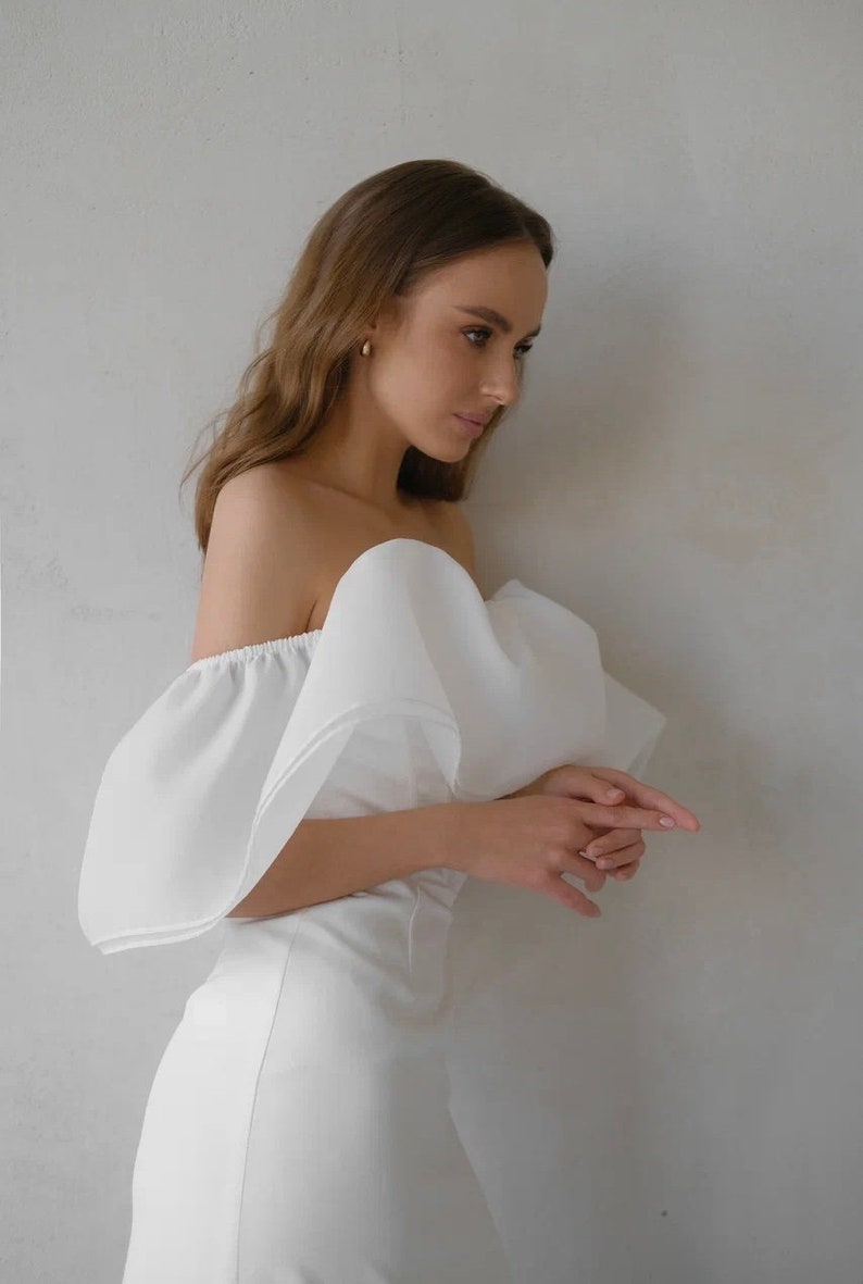 Off The Shoulder Wedding Dress With Detachable Sleeves Wedding Dress With A Slit Floor Length Wedding Dress Maxi Dress image 6