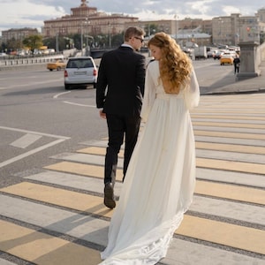 Modest Wedding Dress Long Sleeves Bridal Gown Open Back Wedding Dress Long Train Wedding Dress Simple Wedding Dress Airy Dress image 4