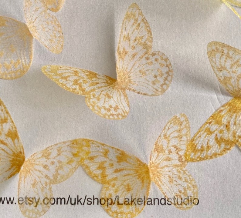 Hand printed silk organza butterflies in sunflower yellow