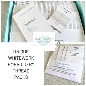 May include: A set of white embroidery thread packs in a clear plastic box. The box is labelled "Maire Curtis Lakeland Studio" and "Specialist Whitework Threads Collection". The thread is available in sizes 8-20 and is organically grown mercerised cotton yarn dyed to organic standards by Master Dyer Claes Hedstrom.