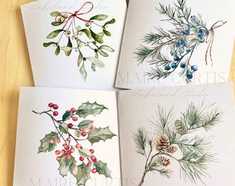 Winter Berries Christmas cards 6x6" watercolour print designs with white envelopes.