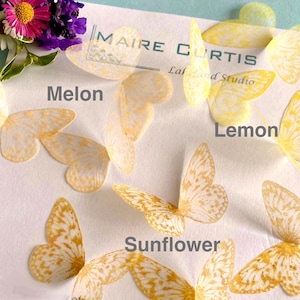 May include: Delicate paper butterfly cutouts in shades of yellow and white, labeled "Melon", "Lemon", and "Sunflower". The butterflies are arranged on a white surface with floral accents and text that reads "MAIRE CURTIS Lakeland Studio".