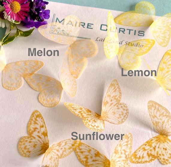 Hand printed Silk Organza butterflies in shades of yellow, available in two sizes