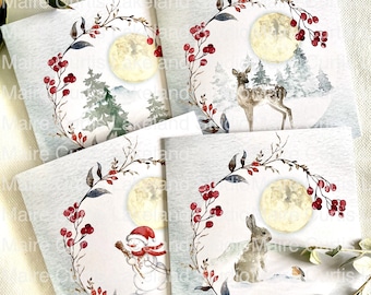 Lot de 4 cartes de Noël couronne de baies à impression aquarelle, cartes de scène de neige, cartes de luxe fabriquées à la main