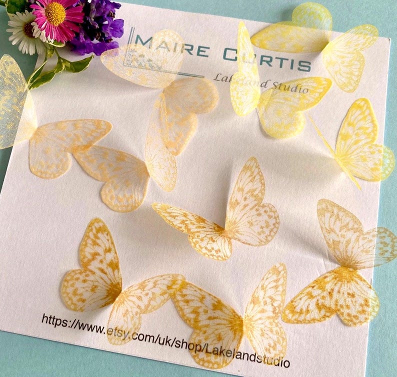 Maire Curtis hand printed organza butterflies in shades of yellow