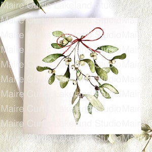 Cartes de Noël impression aquarelle avec gui. Lot de 4 cartes de Noël vierges faites main de luxe avec enveloppes.