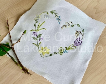 Spring Floral Heart Linen Embroidery Kit, ready to stitch