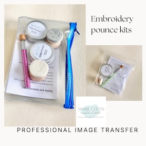 May include: A clear zippered pouch containing two small containers of white and grey pounce powder, two felt pounce pads, a pink pounce tool, and instructions. The pouch is labelled "Refills and replacements". The text "Embroidery pounce kits" is visible above the pouch. The text "MAIRE CURTIS Lakeland Studio unique embroidery & silk craft" is visible below the pouch. The text "PROFESSIONAL IMAGE TRANSFER" is visible below the pouch.