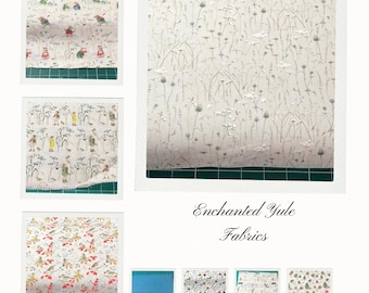 Könnte beinhalten: Eine Collage von Stoffmustern mit verschiedenen Mustern. Ein Muster zeigt eine Winterszene mit Figuren und Schnee. Ein anderes zeigt ein Blumendesign mit zarten Blumen. Der Text "Enchanted Yule Fabrics" ist ebenfalls sichtbar.