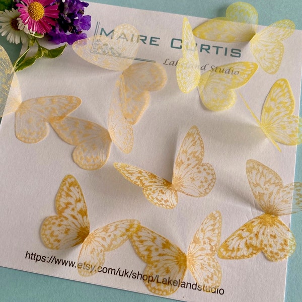 Papillons en organza de soie imprimés à la main dans des tons de jaune, papillons jaunes, papillons en tissu