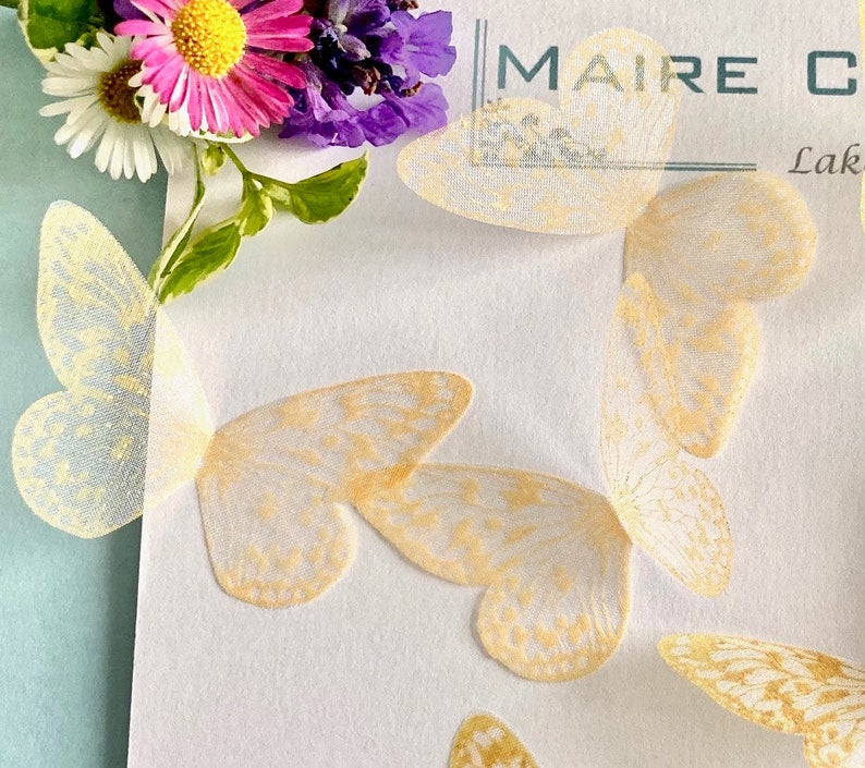 Hand printed silk organza butterflies in soft Melon