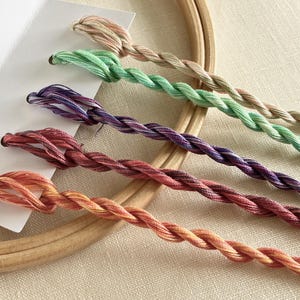 May include: Five skeins of embroidery floss in various colours, including green, purple, red, and orange. The floss is arranged in a rainbow pattern and is displayed on a white card with a wooden embroidery hoop.