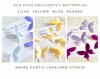 Silk Satin swallowtail butterflies in blue, yellow and violet shades, fabric bridal butterflies