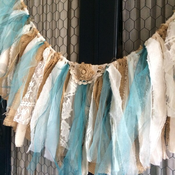 burlap fabric banner, fabric garland, burlap and lace, turquoise, teal, rustic shabby, swag