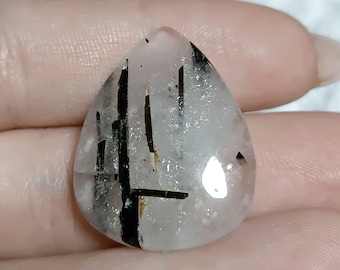 Natural black Tourmaline in Quartz cabochon Teardrop shape White black Clear crystal Loose gem Healing gemstone 29x23 mm