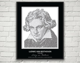 Ludwig van Beethoven Quotes Print / Poster!  Beethoven Portrait made from inspirational Beethoven quotes! Beethoven Wall Art Print Decor.