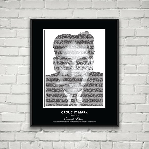 Groucho Marx Quotes Print Poster - Groucho Marx Portrait made from more than 60 hilarious Groucho Marx quotes! Funny Wall Art Print Decor.