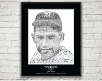 Yogi Berra Quotes Print Poster! Yogi Berra Portrait made from amusing Yogi Berra quotes! New York Yankee Baseball. New York Yankee Wall Art