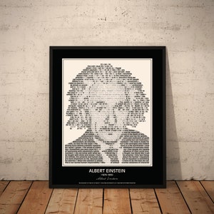 May include: Black and white portrait of Albert Einstein with a quote from him about the universe and human responsibility. The quote is formed by the silhouette of his face.