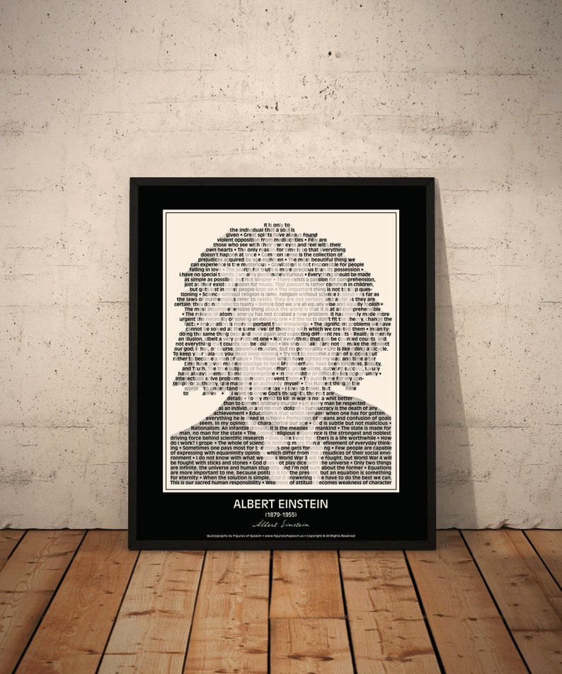 May include: Black and white portrait of Albert Einstein with a quote from him about the universe and human responsibility. The quote is formed by the silhouette of his face.