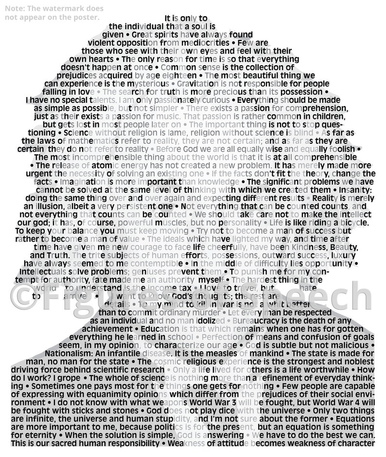 May include: Black and white text on a white background with a quote about the importance of questioning, curiosity, and the search for truth. The text is in a triangular shape with the point at the bottom.