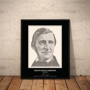 Puede incluir: Retrato en blanco y negro de Ralph Waldo Emerson, un ensayista, poeta y fil&oacute;sofo estadounidense. El retrato est&aacute; hecho de texto, con su nombre y los a&ntilde;os 1803-1882 debajo de la imagen.