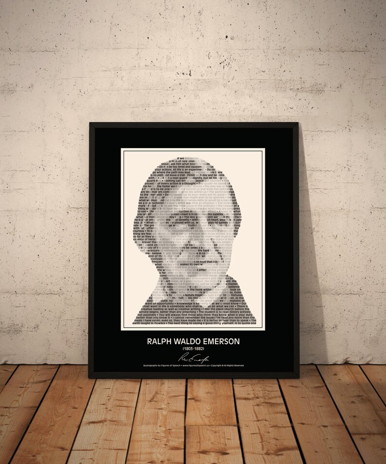 Puede incluir: Retrato en blanco y negro de Ralph Waldo Emerson, un ensayista, poeta y fil&oacute;sofo estadounidense. El retrato est&aacute; hecho de texto, con su nombre y los a&ntilde;os 1803-1882 debajo de la imagen.