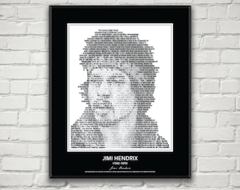 May include: Black and white portrait of Jimi Hendrix, created using a word cloud of his quotes. The text includes phrases like "music is the most", "love my guitar", "truth it's", "personal philosophy", and "the world".