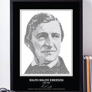 Puede incluir: Una impresi&oacute;n de arte tipogr&aacute;fico en blanco y negro con la silueta de una cabeza humana. La silueta est&aacute; compuesta por palabras y citas de Ralph Waldo Emerson, incluyendo "No seas demasiado t&iacute;mido y aprensivo con tus acciones. Toda la vida es un experimento." y "El antepasado de cada acci&oacute;n es un pensamiento." La impresi&oacute;n incluye el t&iacute;tulo "Ralph Waldo Emerson" y las fechas "(1803-1882)".