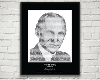 Póster/Lámina con citas de Henry Ford. Retrato de Henry Ford compuesto por más de 30 citas inspiradoras. Lámina decorativa para pared con diseño de Ford.