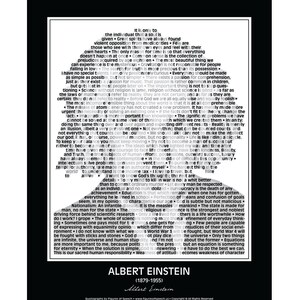 May include: Black and white typography quote by Albert Einstein, featuring a collection of his famous quotes and sayings. The quote is set against a black background with a white border.