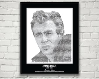 James Dean Quotes Print / Poster! James Dean Portrait made from more than 30 inspirational James Dean quotes! James Dean Wall Art  Decor.