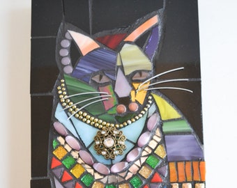 Cat with Triangles - Indoor Mixed Media Mosaic Wall Hanging