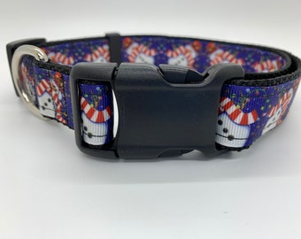 Winter Snowman Dog Collar/Leash- Handmade Dog Collar For Everyday Use - Adjustable Pet Collar