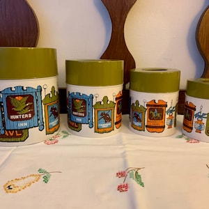 Vintage Holt Howard “Tavern” Themed Metal Tin Canister Set | Avocado Green Lids | Set of 4 | 1970’s