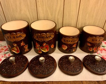 Treasure Craft Ceramic Canister Set | Wood Grain | Fruit | Set of
